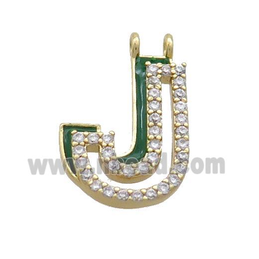 Copper Pendant Pave Zircon Green Enamel Letter-J 2loops Gold Plated