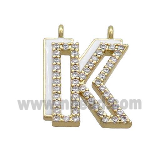 Copper Pendant Pave Zircon White Enamel Letter-K 2loops Gold Plated