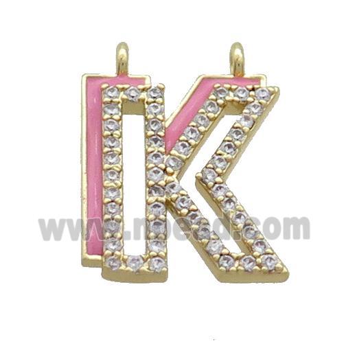 Copper Pendant Pave Zircon Pink Enamel Letter-K 2loops Gold Plated
