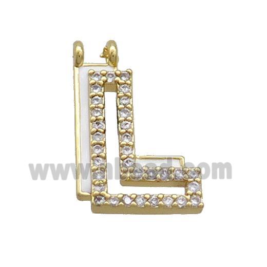 Copper Pendant Pave Zircon White Enamel Letter-L 2loops Gold Plated