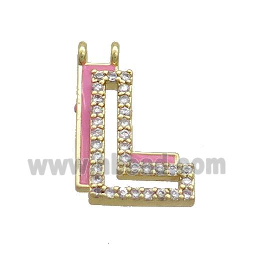 Copper Pendant Pave Zircon Pink Enamel Letter-L 2loops Gold Plated