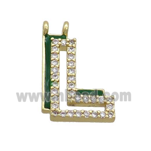 Copper Pendant Pave Zircon Green Enamel Letter-L 2loops Gold Plated