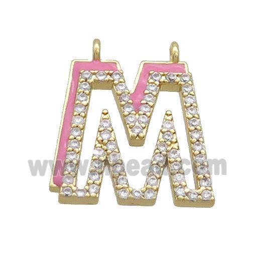 Copper Pendant Pave Zircon Pink Enamel Letter-M 2loops Gold Plated
