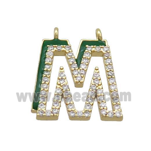 Copper Pendant Pave Zircon Green Enamel Letter-M 2loops Gold Plated