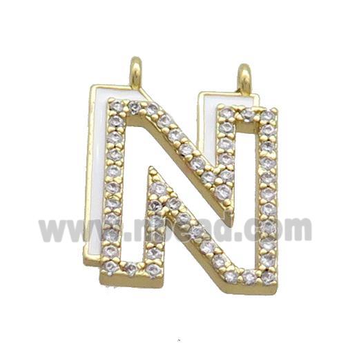 Copper Pendant Pave Zircon White Enamel Letter-N 2loops Gold Plated
