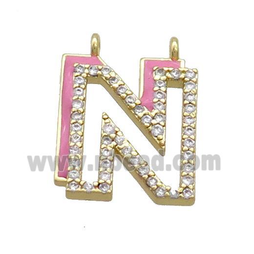 Copper Pendant Pave Zircon Pink Enamel Letter-N 2loops Gold Plated