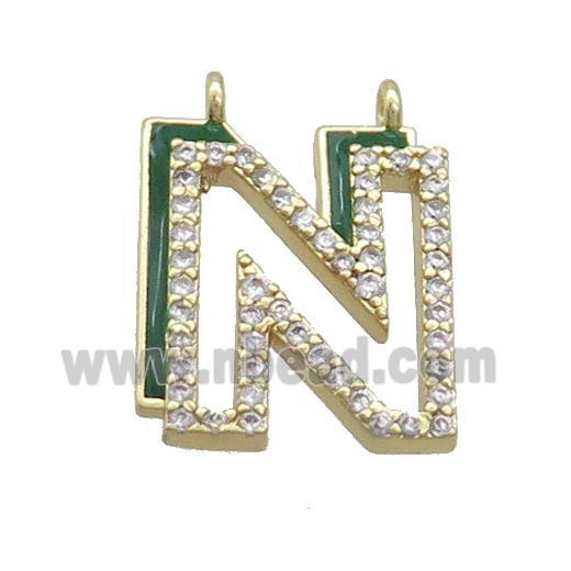 Copper Pendant Pave Zircon Green Enamel Letter-N 2loops Gold Plated