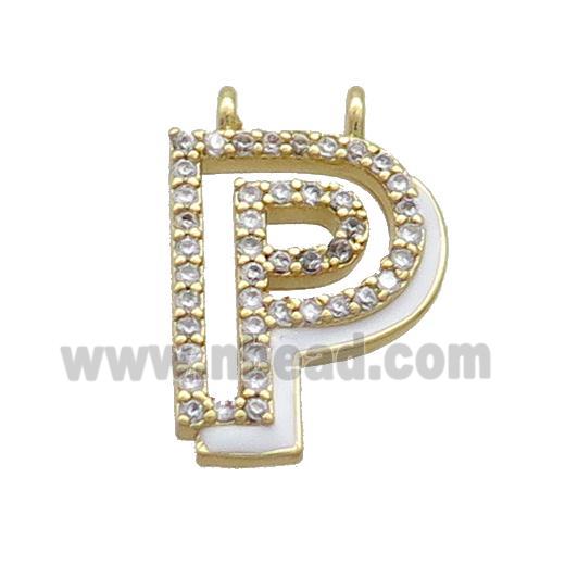Copper Pendant Pave Zircon White Enamel Letter-P 2loops Gold Plated
