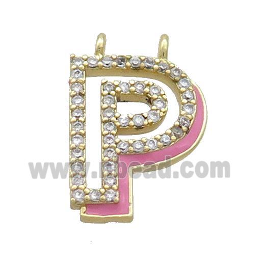 Copper Pendant Pave Zircon Pink Enamel Letter-P 2loops Gold Plated