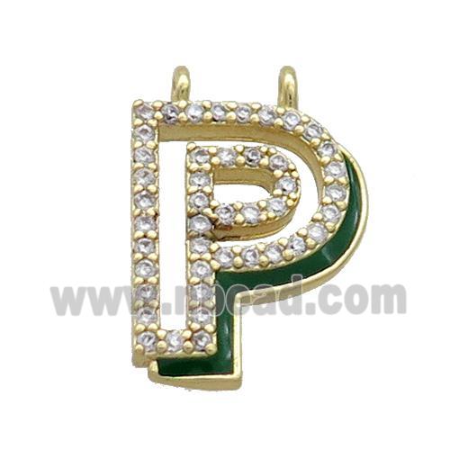 Copper Pendant Pave Zircon Green Enamel Letter-P 2loops Gold Plated