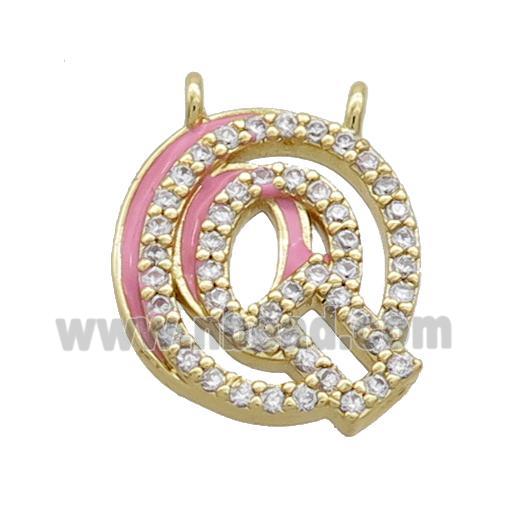 Copper Pendant Pave Zircon Pink Enamel Letter-Q 2loops Gold Plated