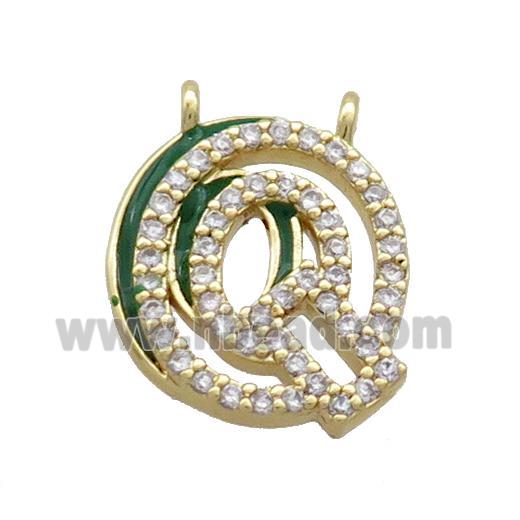 Copper Pendant Pave Zircon Green Enamel Letter-Q 2loops Gold Plated