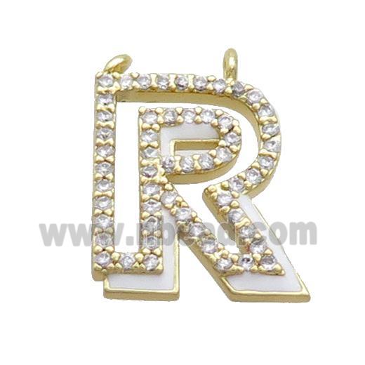 Copper Pendant Pave Zircon White Enamel Letter-R 2loops Gold Plated