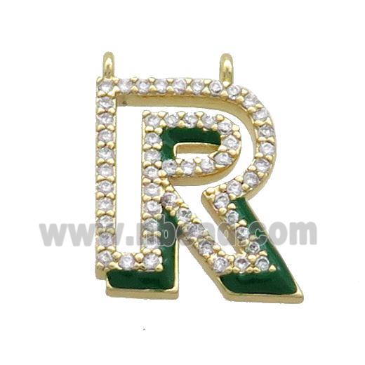 Copper Pendant Pave Zircon Green Enamel Letter-R 2loops Gold Plated