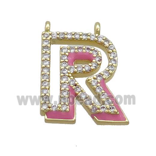 Copper Pendant Pave Zircon Pink Enamel Letter-R 2loops Gold Plated