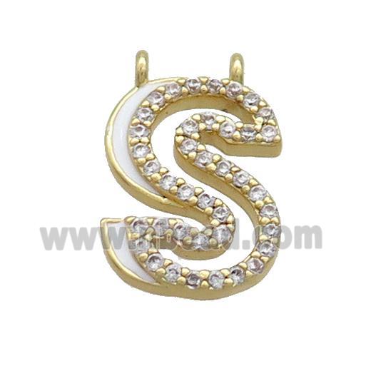 Copper Pendant Pave Zircon White Enamel Letter-S 2loops Gold Plated