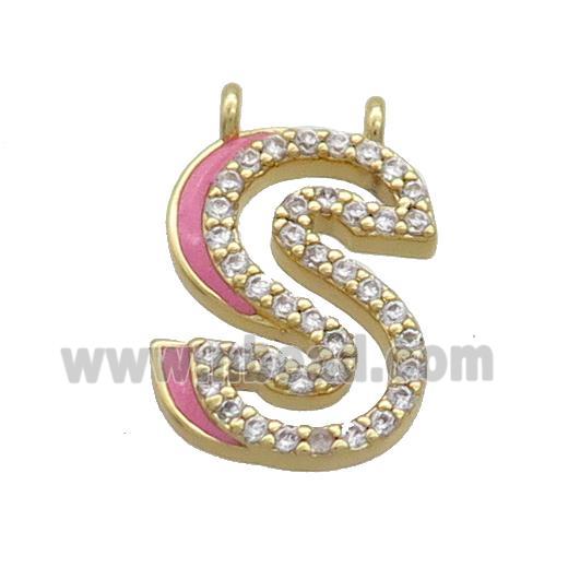 Copper Pendant Pave Zircon Pink Enamel Letter-S 2loops Gold Plated