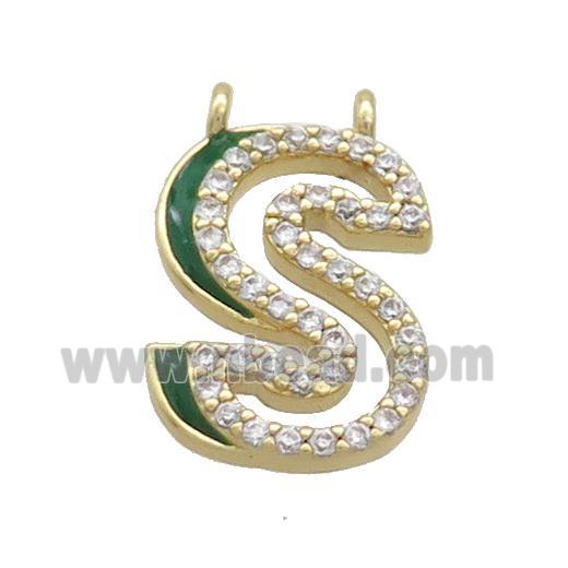 Copper Pendant Pave Zircon Green Enamel Letter-S 2loops Gold Plated
