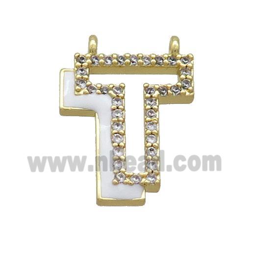 Copper Pendant Pave Zircon White Enamel Letter-T 2loops Gold Plated