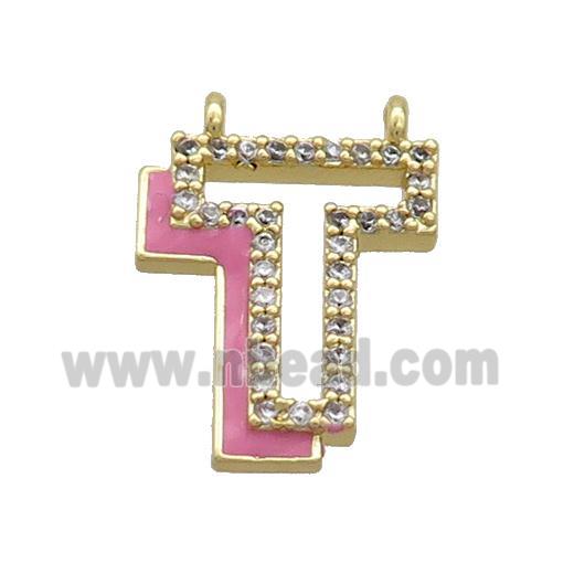 Copper Pendant Pave Zircon Pink Enamel Letter-T 2loops Gold Plated