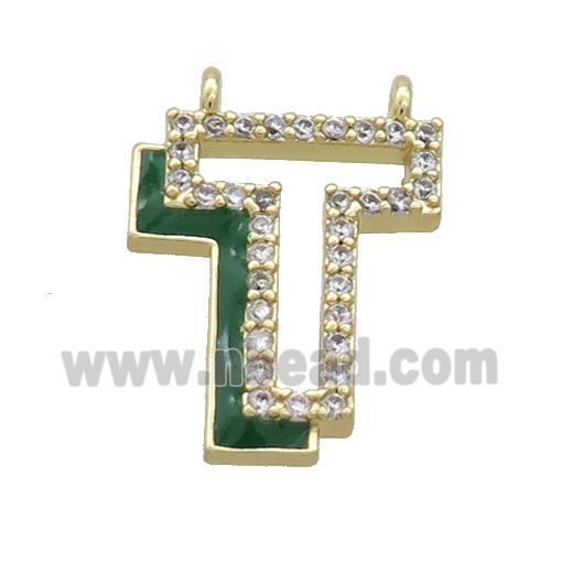 Copper Pendant Pave Zircon Green Enamel Letter-T 2loops Gold Plated
