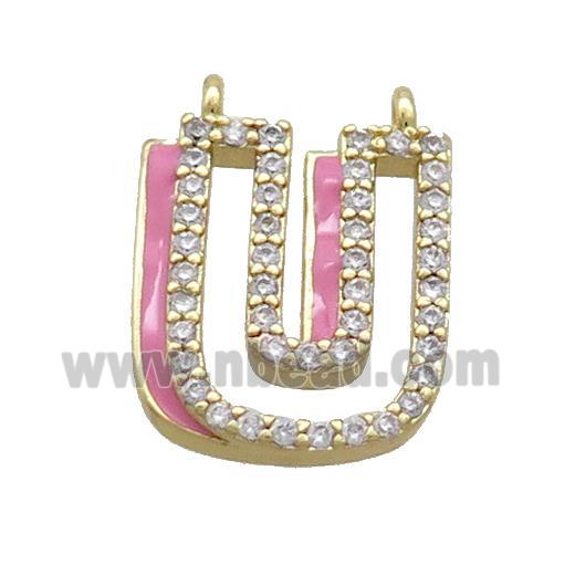 Copper Pendant Pave Zircon Pink Enamel Letter-U 2loops Gold Plated