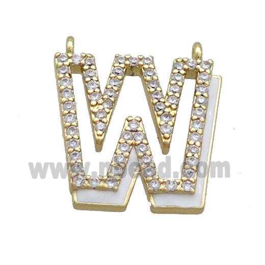 Copper Pendant Pave Zircon White Enamel Letter-W 2loops Gold Plated