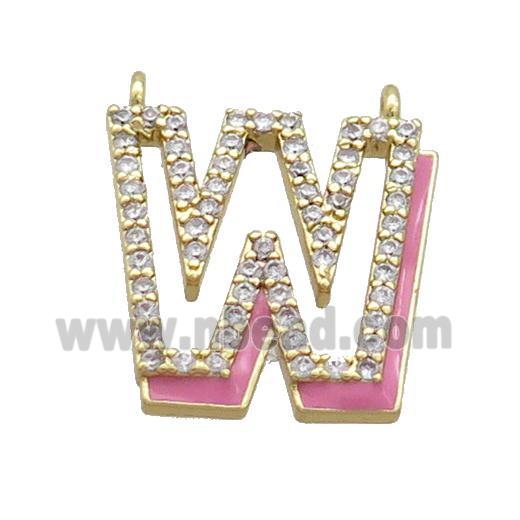 Copper Pendant Pave Zircon Pink Enamel Letter-W 2loops Gold Plated