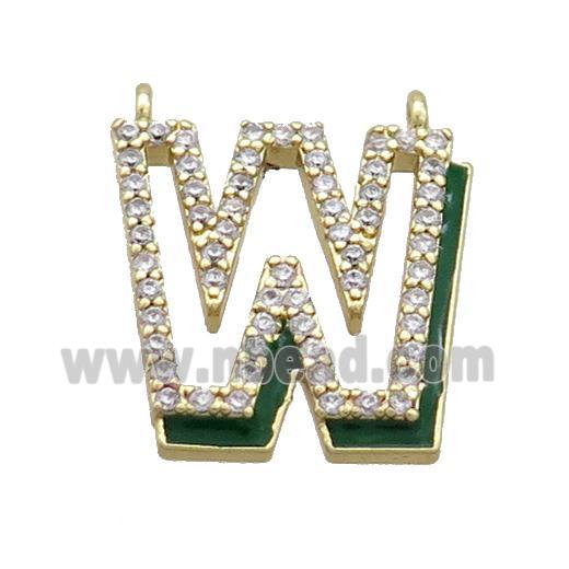 Copper Pendant Pave Zircon Green Enamel Letter-W 2loops Gold Plated
