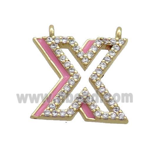 Copper Pendant Pave Zircon Pink Enamel Letter-X 2loops Gold Plated