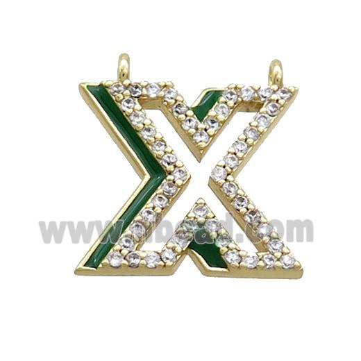 Copper Pendant Pave Zircon Green Enamel Letter-X 2loops Gold Plated