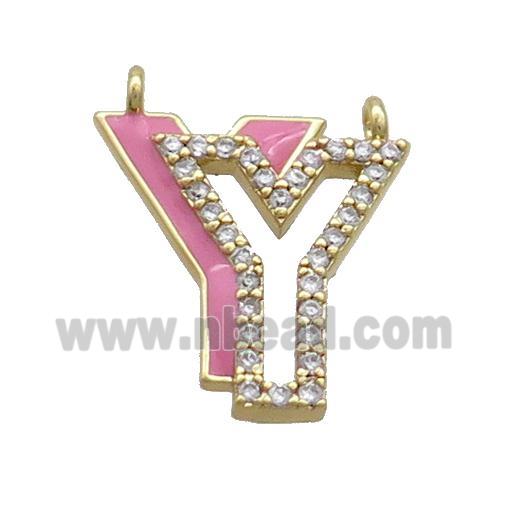 Copper Pendant Pave Zircon Pink Enamel Letter-Y 2loops Gold Plated