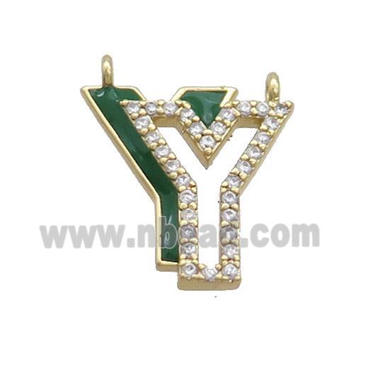 Copper Pendant Pave Zircon Green Enamel Letter-Y 2loops Gold Plated