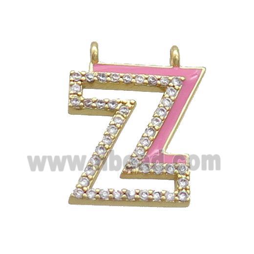 Copper Pendant Pave Zircon Pink Enamel Letter-Z 2loops Gold Plated