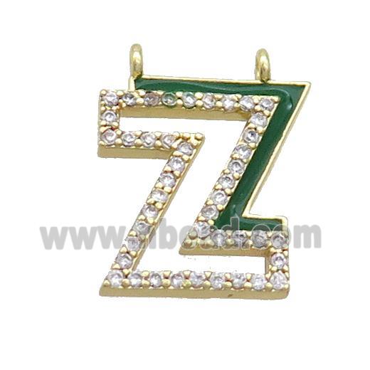 Copper Pendant Pave Zircon Green Enamel Letter-Z 2loops Gold Plated