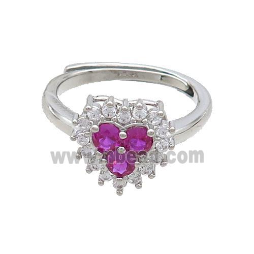 Copper Ring Pave Zircon Hotpink Heart Adjustable Platinum Plated