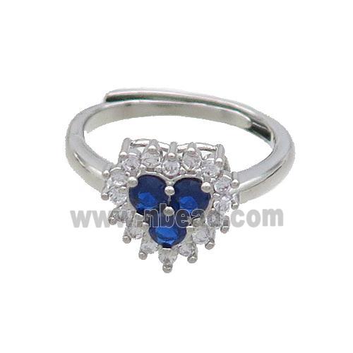 Copper Ring Pave Zircon Blue Heart Adjustable Platinum Plated