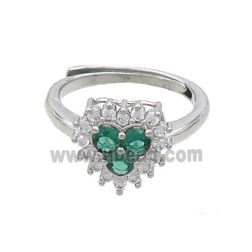 Copper Ring Pave Zircon Green Heart Adjustable Platinum Plated