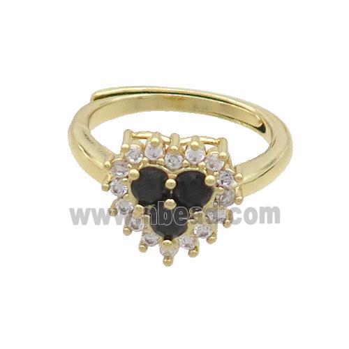 Copper Ring Pave Zircon Black Heart Adjustable Gold Plated