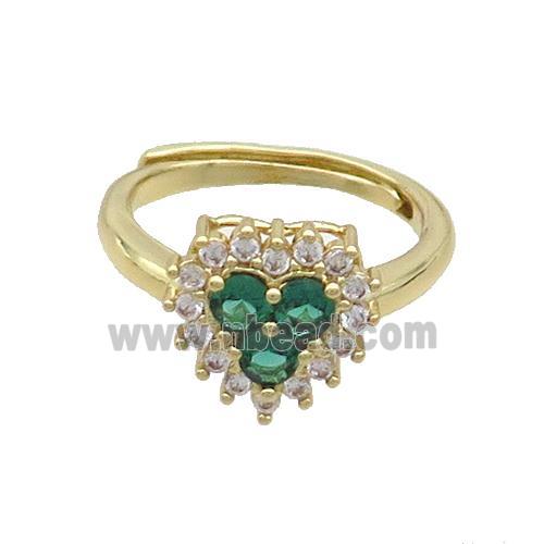 Copper Ring Pave Zircon Green Heart Adjustable Gold Plated