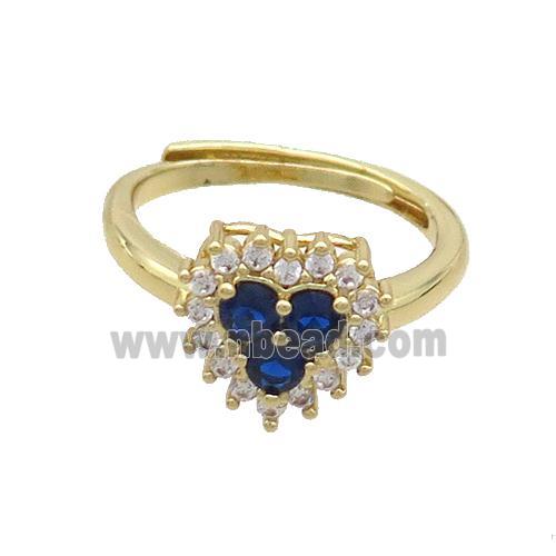 Copper Ring Pave Zircon Blue Heart Adjustable Gold Plated