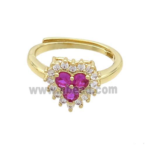 Copper Ring Pave Zircon Hotpink Heart Adjustable Gold Plated