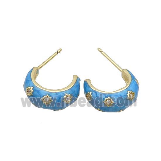 Copper Stud Earring Pave Zircon Blue Enamel Gold Plated