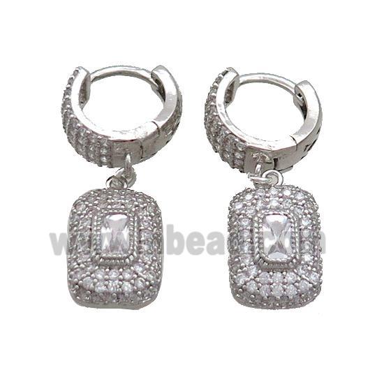 Copper Hoop Earring Pave Zircon Rectangle Platinum Plated