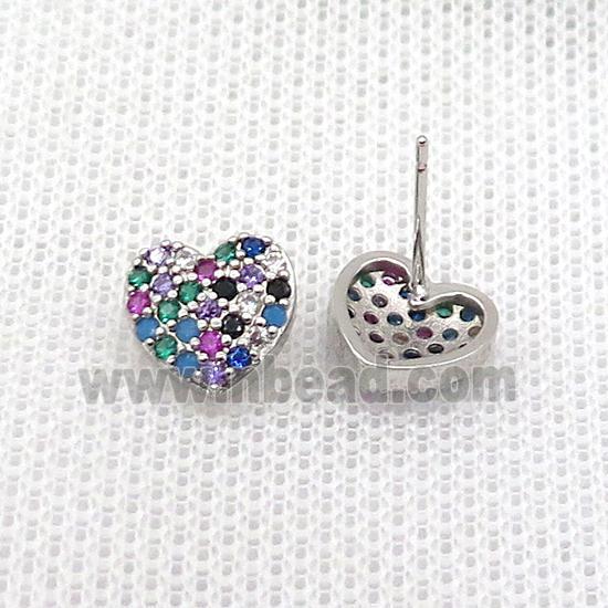 Copper Stud Earring Pave Zircon Heart Platinum Plated