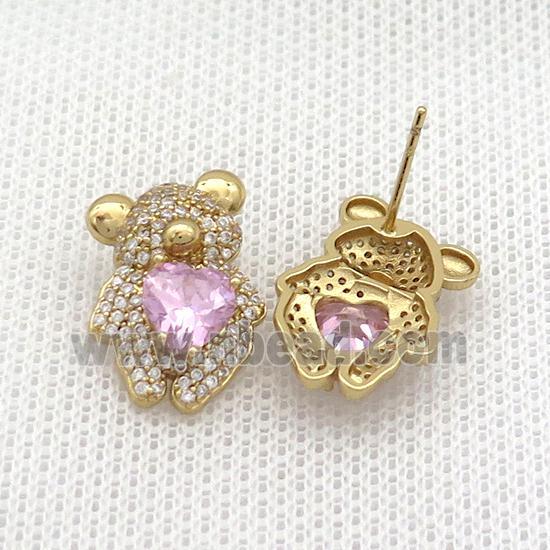 Copper Stud Earring Pave Zircon Bear Gold Plated