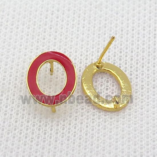 Copper Stud Earring Circle Red Enamel Gold Plated