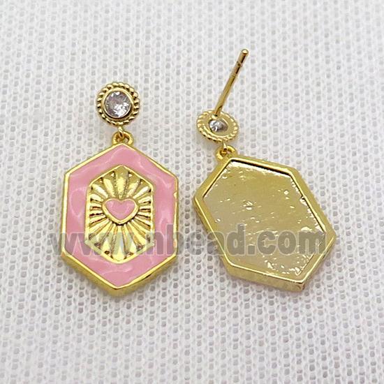 Copper Stud Earring Hexagon Pink Enamel Gold Plated