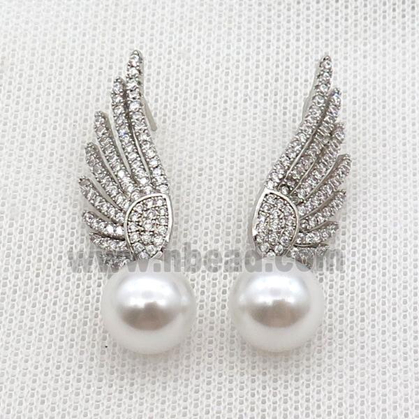 Copper Stud Earring Pave Zircon Angel Wings Pearlized Shell Platinum Plated