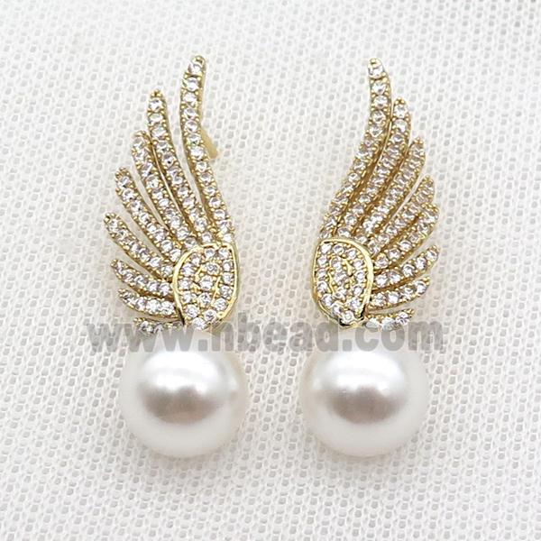 Copper Stud Earring Pave Zircon Angel Wings Pearlized Shell Gold Plated